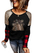 Black Leopard Graphic Print Sequin Plaid Patchwork Long Sleeve Top